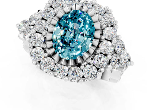 White gold Oval Cut Blue Topaz Halo Ring with Pavé Band and Four-Prong Setting_13