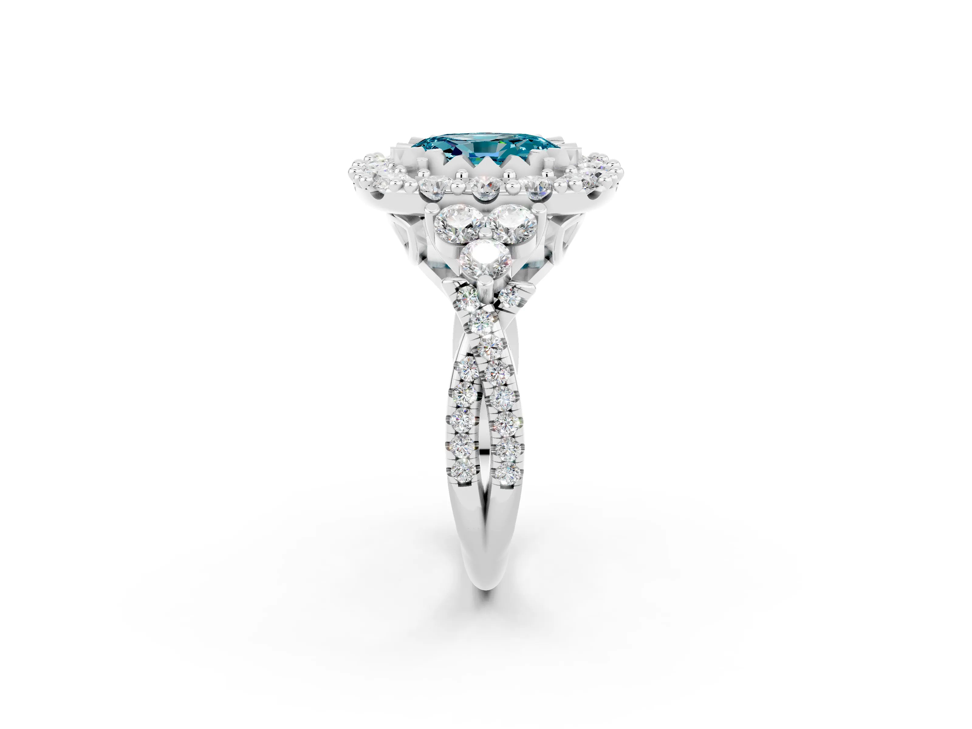 White gold Oval Cut Blue Topaz Halo Ring with Pavé Band and Four-Prong Setting_14