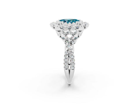 White gold Oval Cut Blue Topaz Halo Ring with Pavé Band and Four-Prong Setting_14