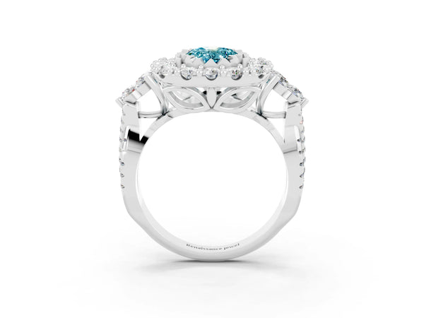 Platinum Oval Cut Blue Topaz Halo Ring with Pavé Band and Four-Prong Setting