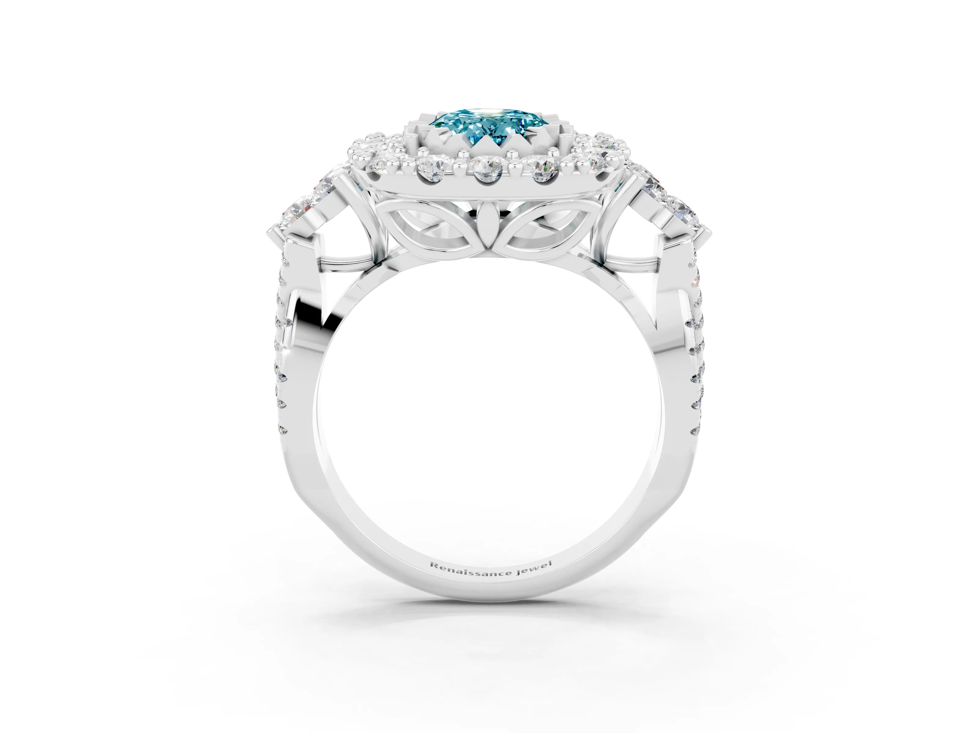 White gold Oval Cut Blue Topaz Halo Ring with Pavé Band and Four-Prong Setting_15