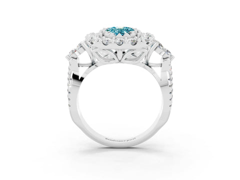 White gold Oval Cut Blue Topaz Halo Ring with Pavé Band and Four-Prong Setting_15