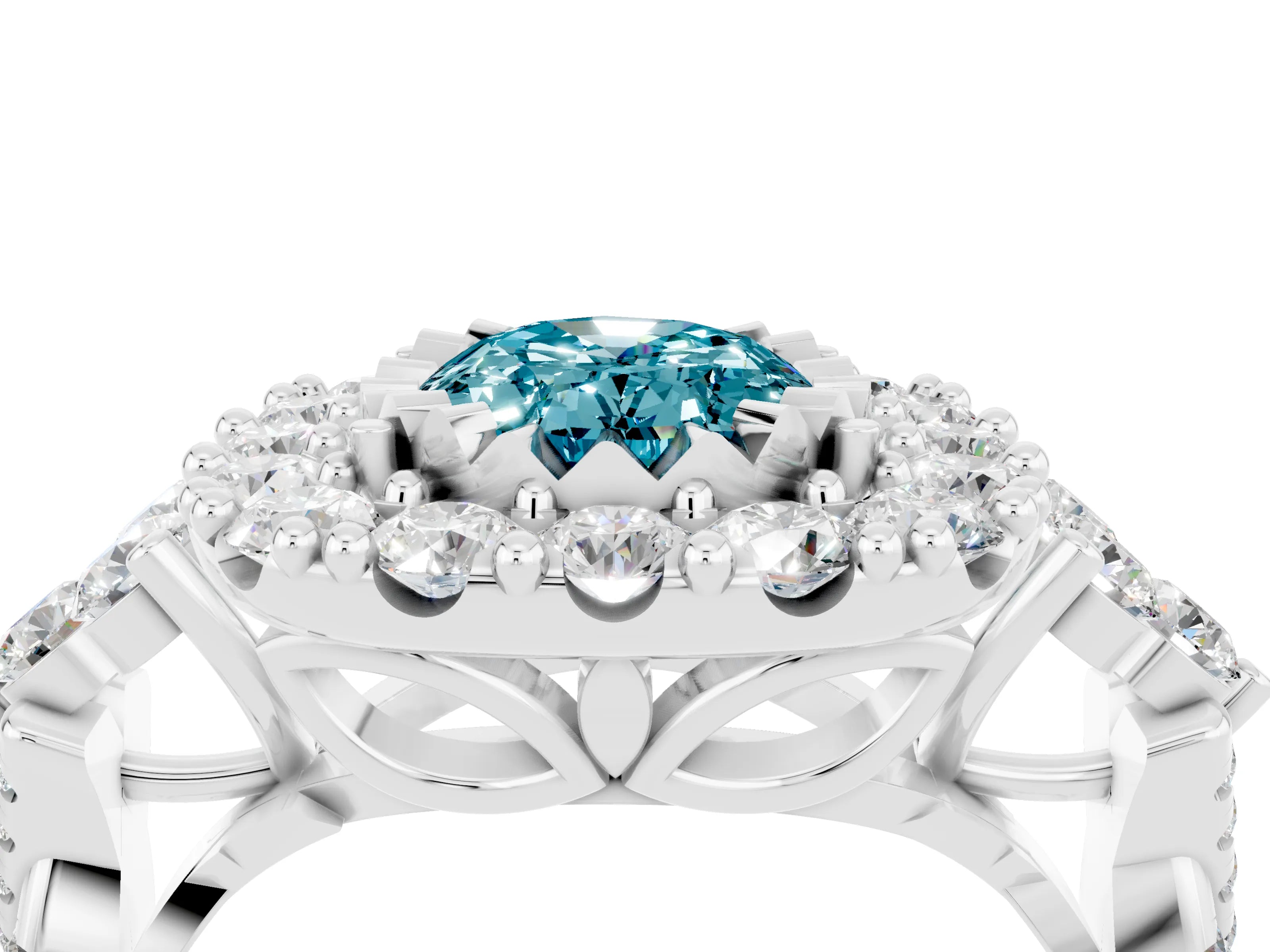 White gold Oval Cut Blue Topaz Halo Ring with Pavé Band and Four-Prong Setting_16