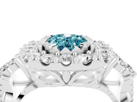 White gold Oval Cut Blue Topaz Halo Ring with Pavé Band and Four-Prong Setting_16