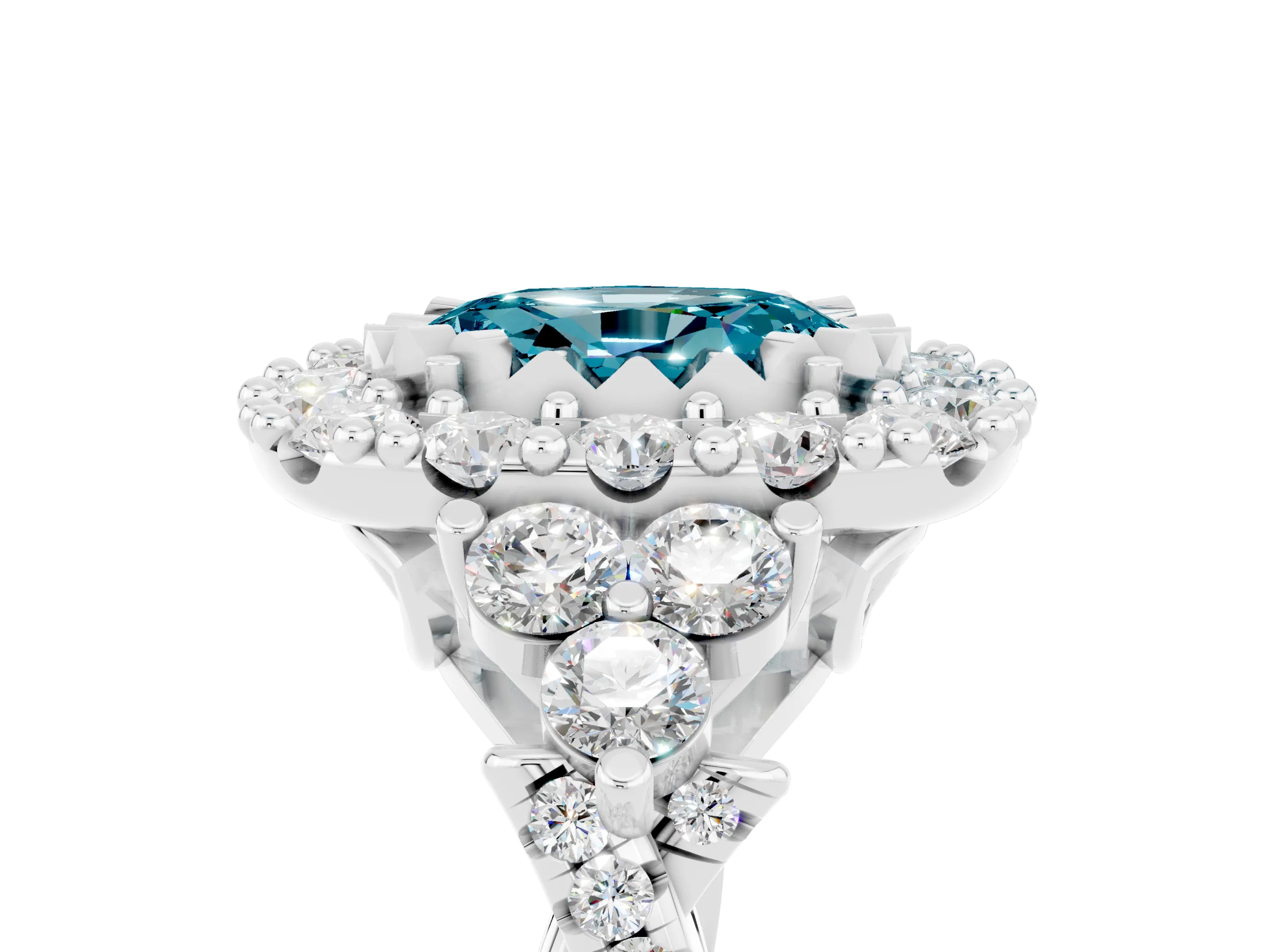White gold Oval Cut Blue Topaz Halo Ring with Pavé Band and Four-Prong Setting_17