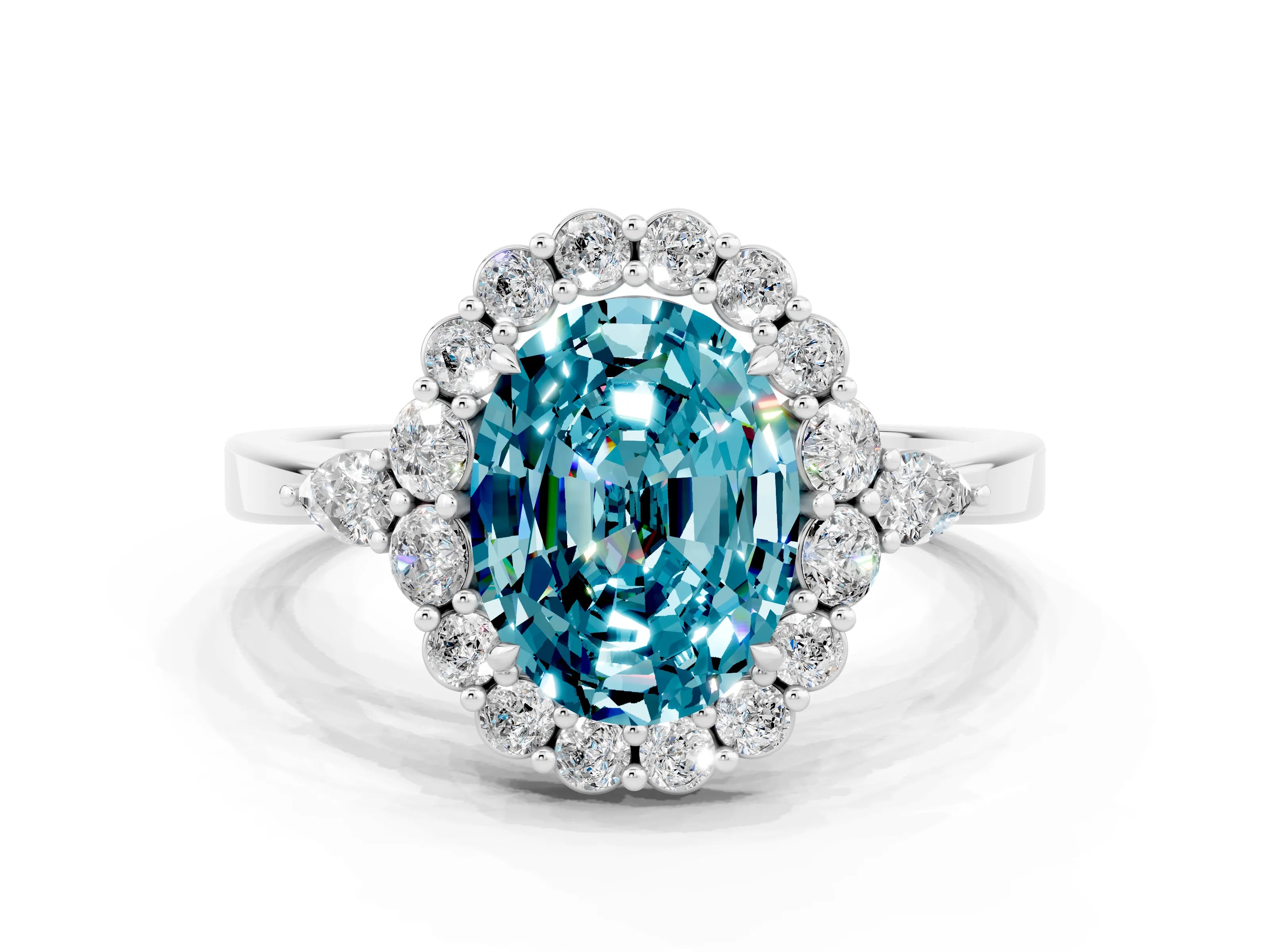 White gold Oval Cut Blue Topaz Halo Ring with Pear Side Stones and Prong Setting_24