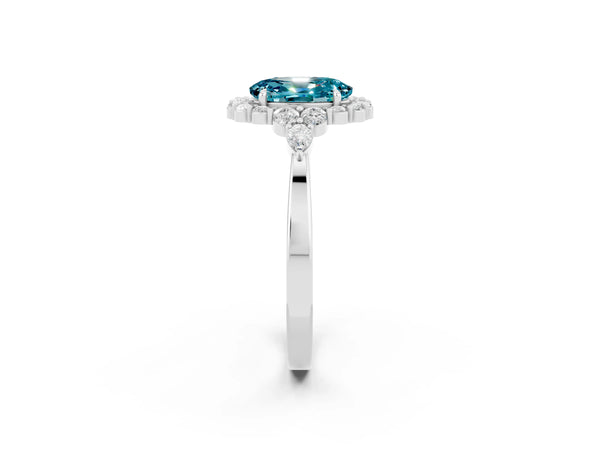 Platinum Oval Cut Blue Topaz Halo Ring with Pear Side Stones and Prong Setting