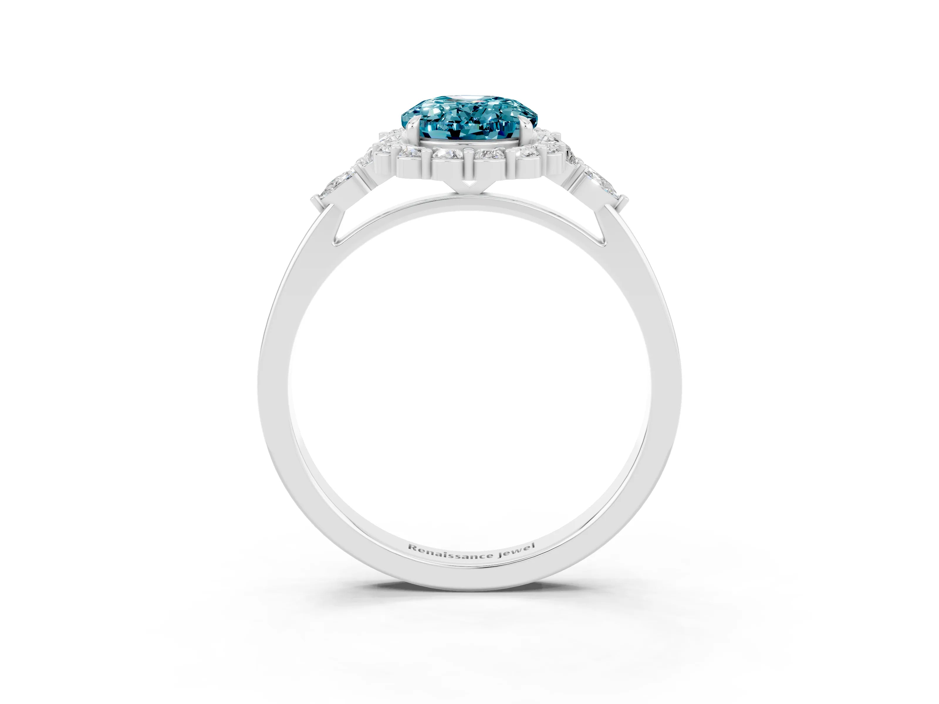 White gold Oval Cut Blue Topaz Halo Ring with Pear Side Stones and Prong Setting_27