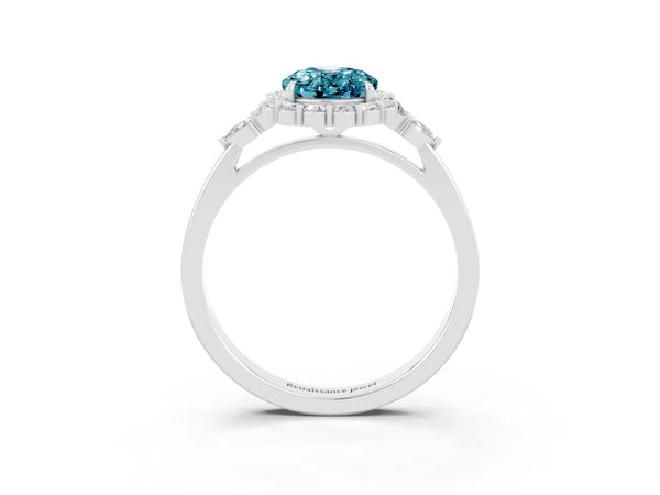 White gold Oval Cut Blue Topaz Halo Ring with Pear Side Stones and Prong Setting