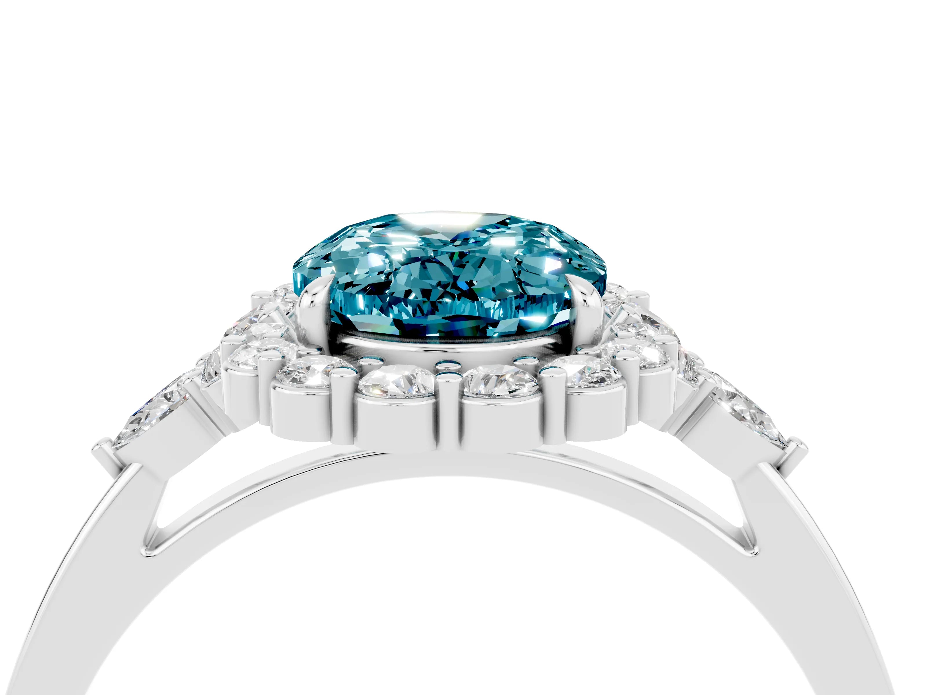 White gold Oval Cut Blue Topaz Halo Ring with Pear Side Stones and Prong Setting_28