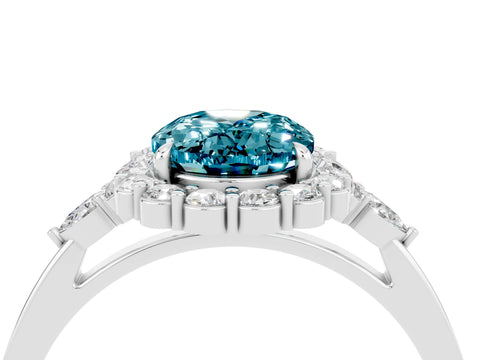 White gold Oval Cut Blue Topaz Halo Ring with Pear Side Stones and Prong Setting_28