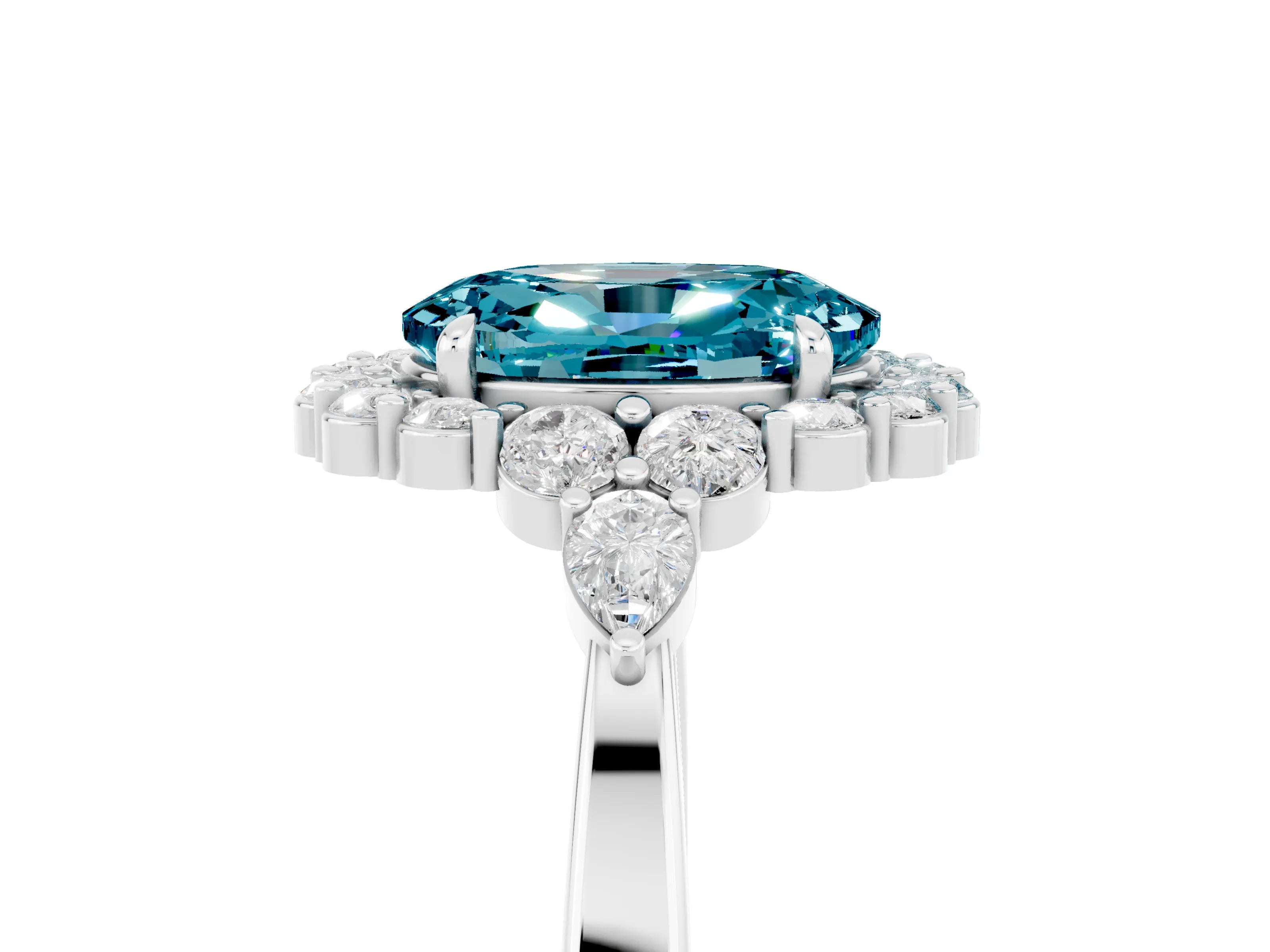 White gold Oval Cut Blue Topaz Halo Ring with Pear Side Stones and Prong Setting_29