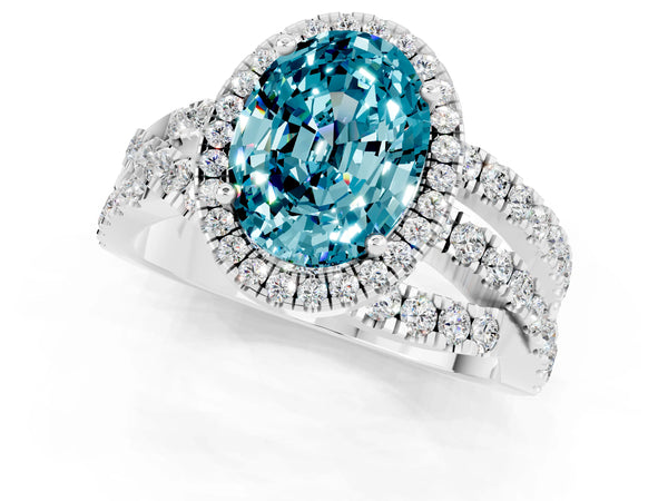 Platinum Oval Cut Blue Topaz Halo Ring with Round Split Shank and Prong Setting
