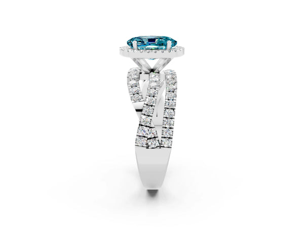 Platinum Oval Cut Blue Topaz Halo Ring with Round Split Shank and Prong Setting
