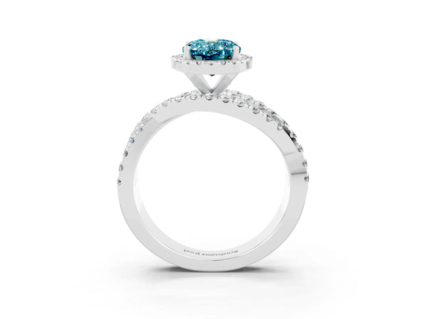 White gold Oval Cut Blue Topaz Halo Ring with Round Split Shank and Prong Setting