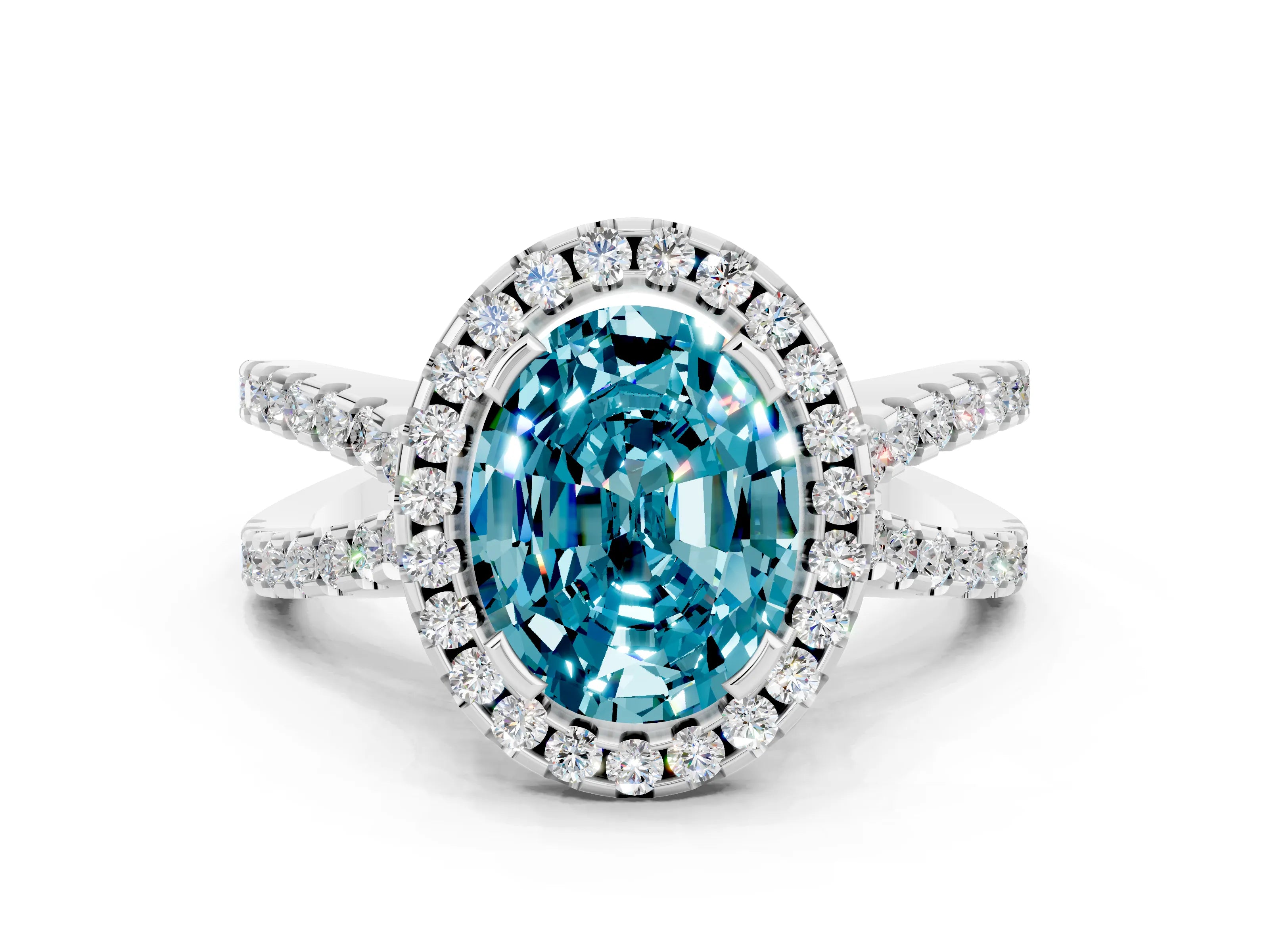 White gold Oval Cut Blue Topaz Halo Ring with Split Shank Pavé Band and Prong Setting