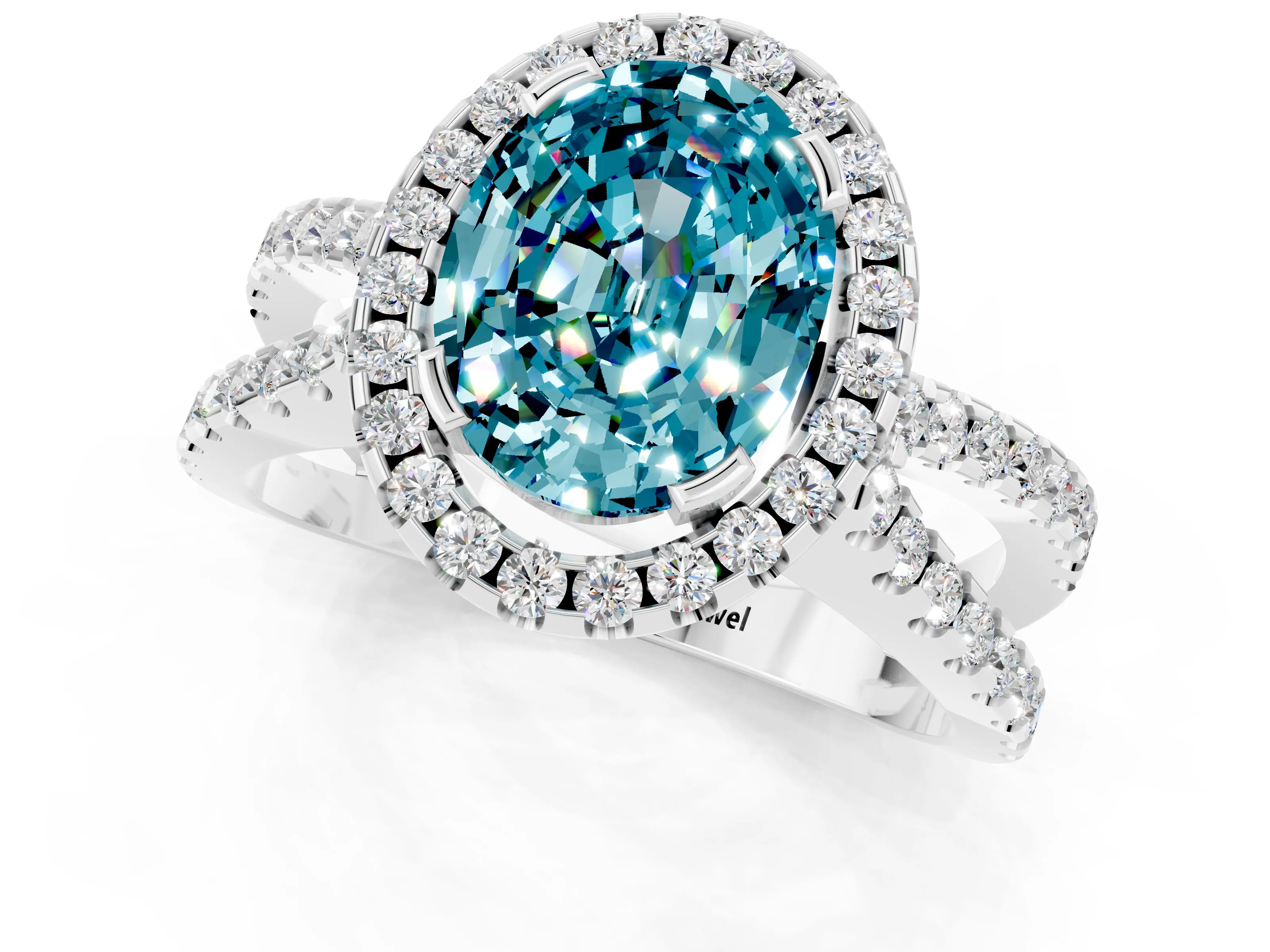 White gold Oval Cut Blue Topaz Halo Ring with Split Shank Pavé Band and Prong Setting_1
