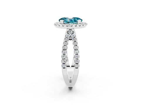 White gold Oval Cut Blue Topaz Halo Ring with Split Shank Pavé Band and Prong Setting_2