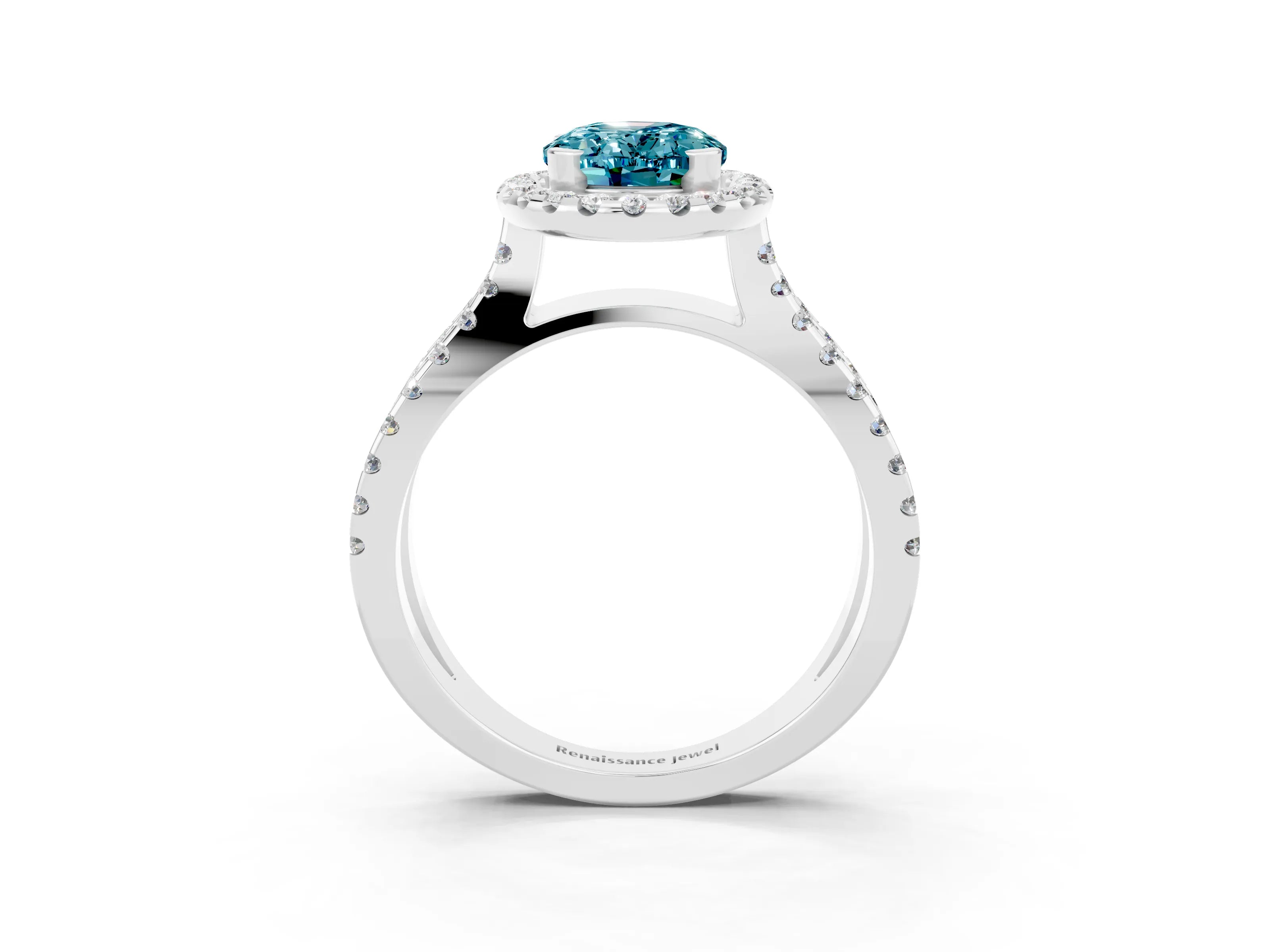 White gold Oval Cut Blue Topaz Halo Ring with Split Shank Pavé Band and Prong Setting_3
