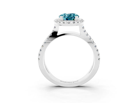 White gold Oval Cut Blue Topaz Halo Ring with Split Shank Pavé Band and Prong Setting_3