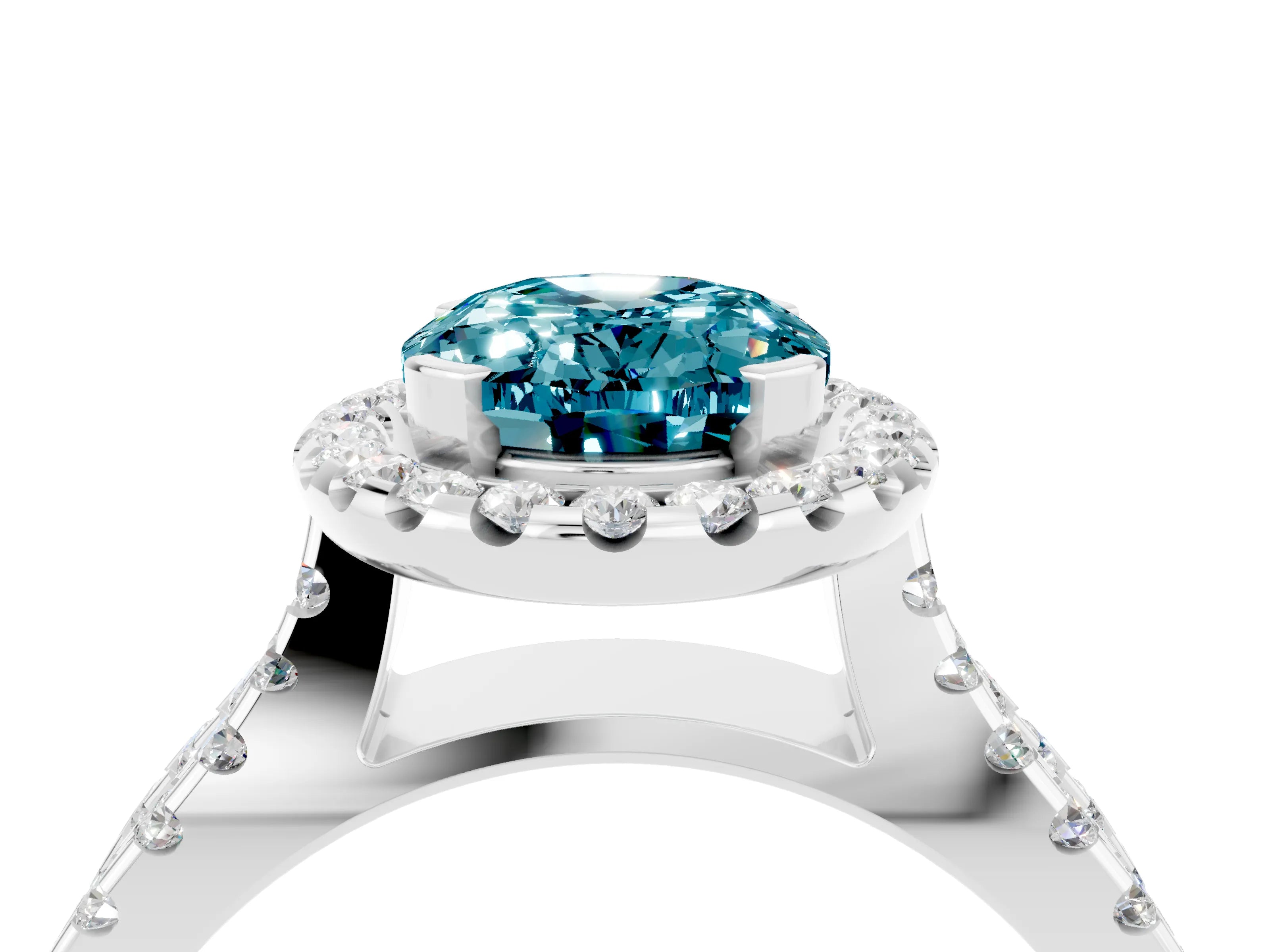 White gold Oval Cut Blue Topaz Halo Ring with Split Shank Pavé Band and Prong Setting_4