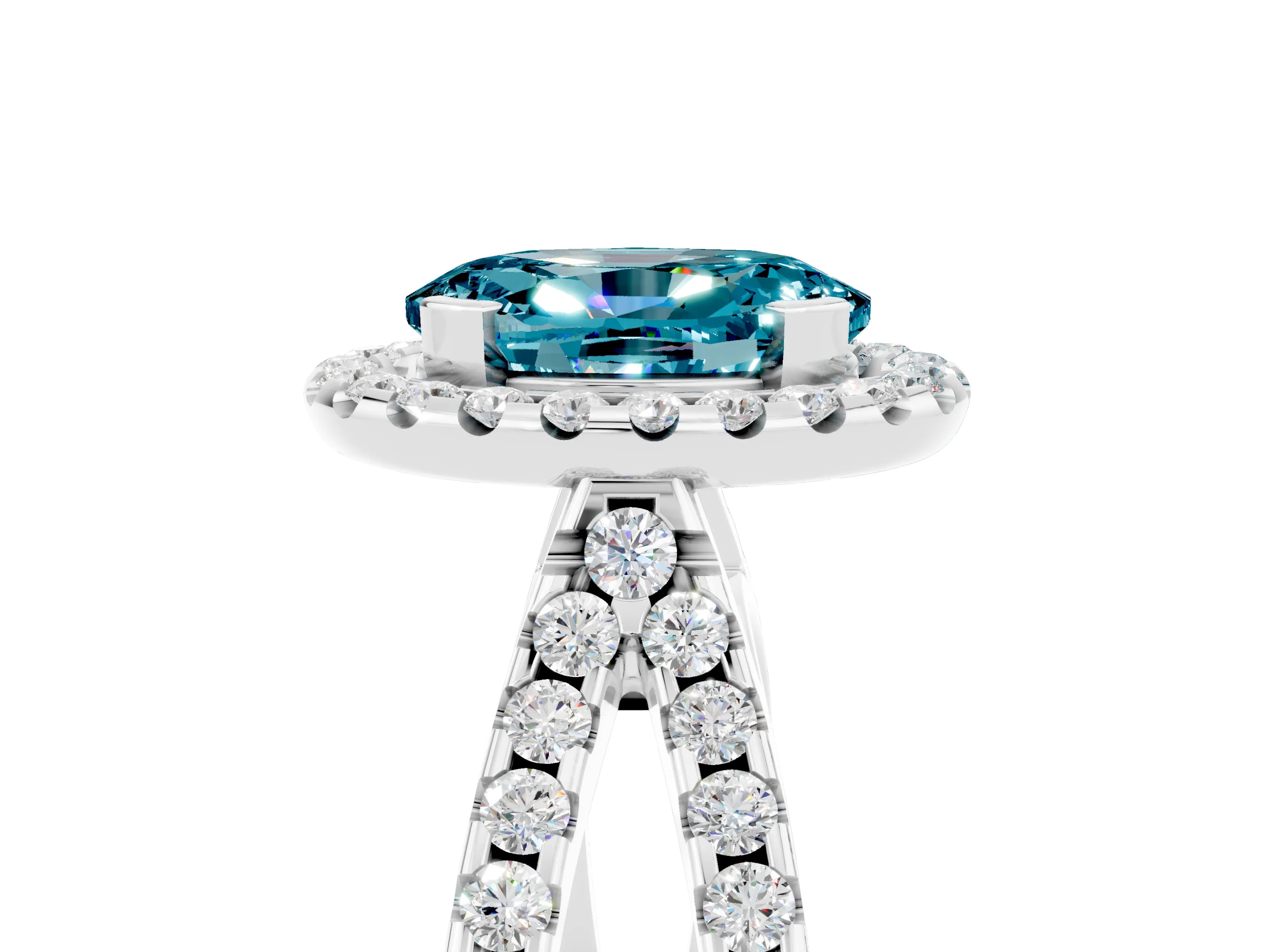 White gold Oval Cut Blue Topaz Halo Ring with Split Shank Pavé Band and Prong Setting_5