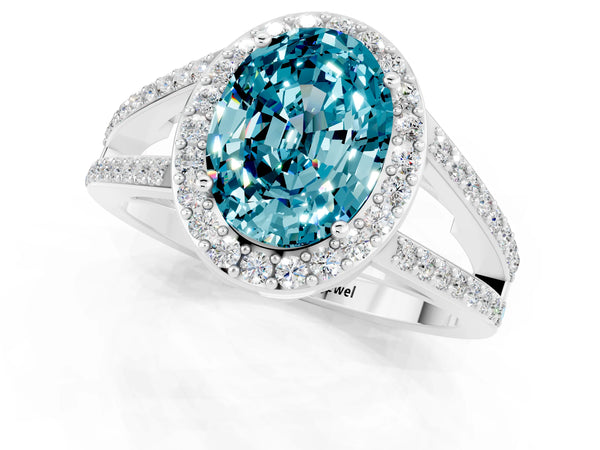 Platinum Oval Cut Blue Topaz Halo Ring with Split Shank U-Prong Band and Four-Prong Setting