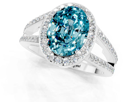 White gold Oval Cut Blue Topaz Halo Ring with Split Shank U-Prong Band and Four-Prong Setting_1