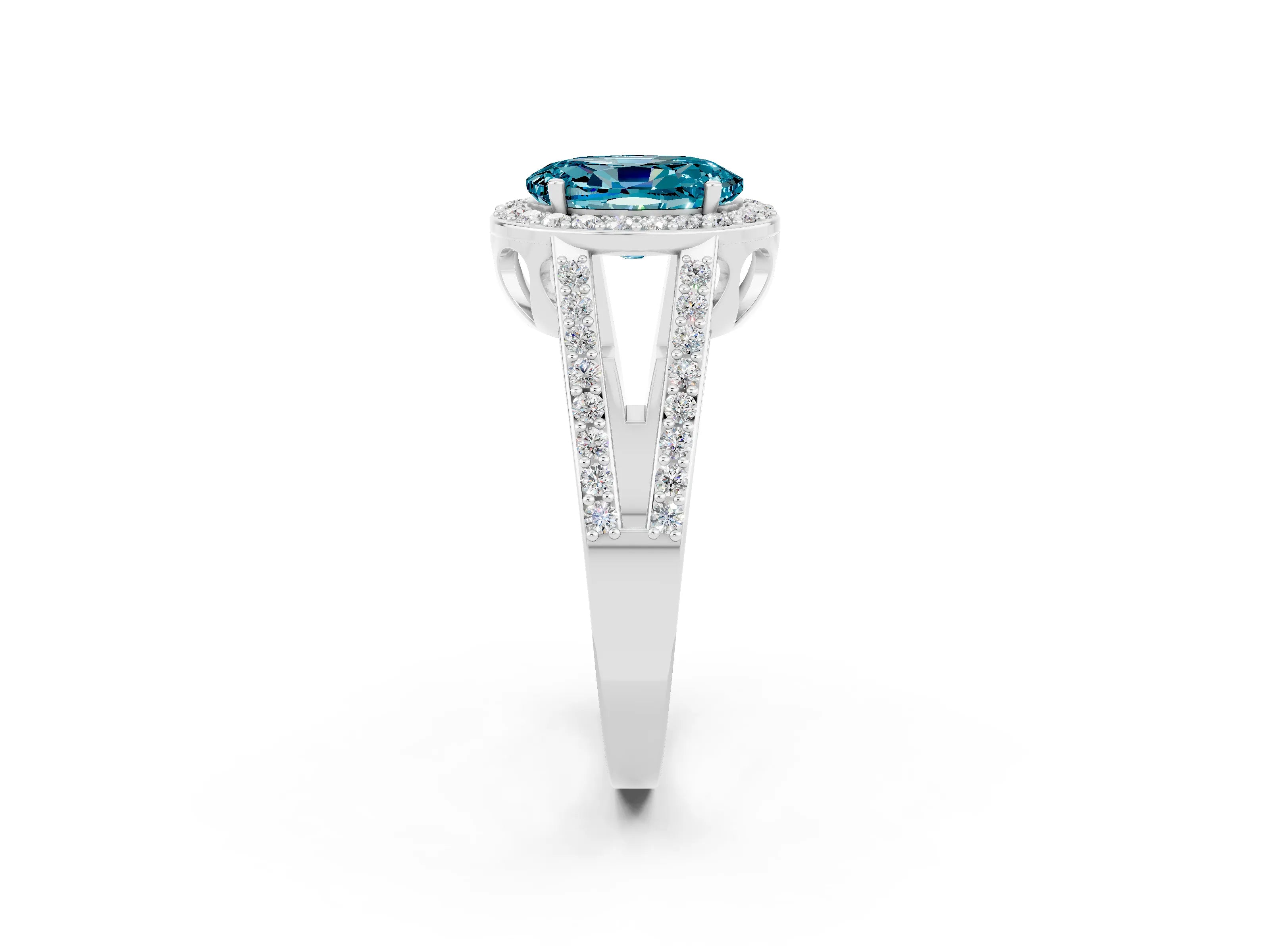 White gold Oval Cut Blue Topaz Halo Ring with Split Shank U-Prong Band and Four-Prong Setting_2
