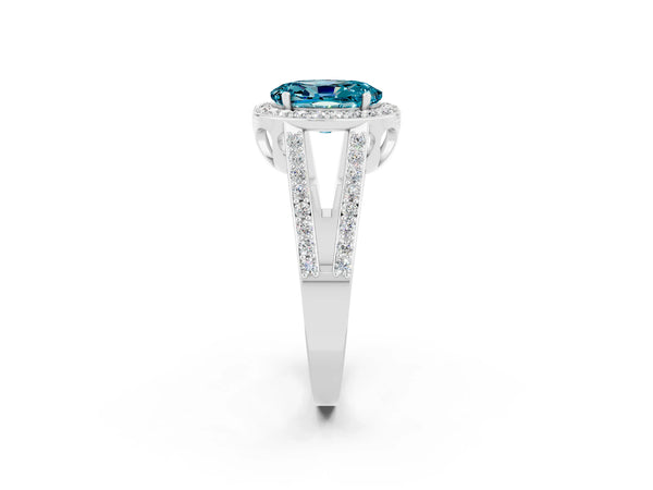 White gold Oval Cut Blue Topaz Halo Ring with Split Shank U-Prong Band and Four-Prong Setting
