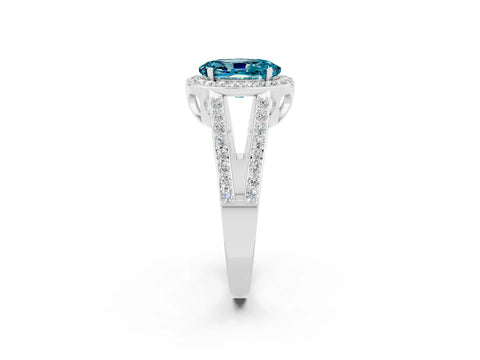 White gold Oval Cut Blue Topaz Halo Ring with Split Shank U-Prong Band and Four-Prong Setting_2