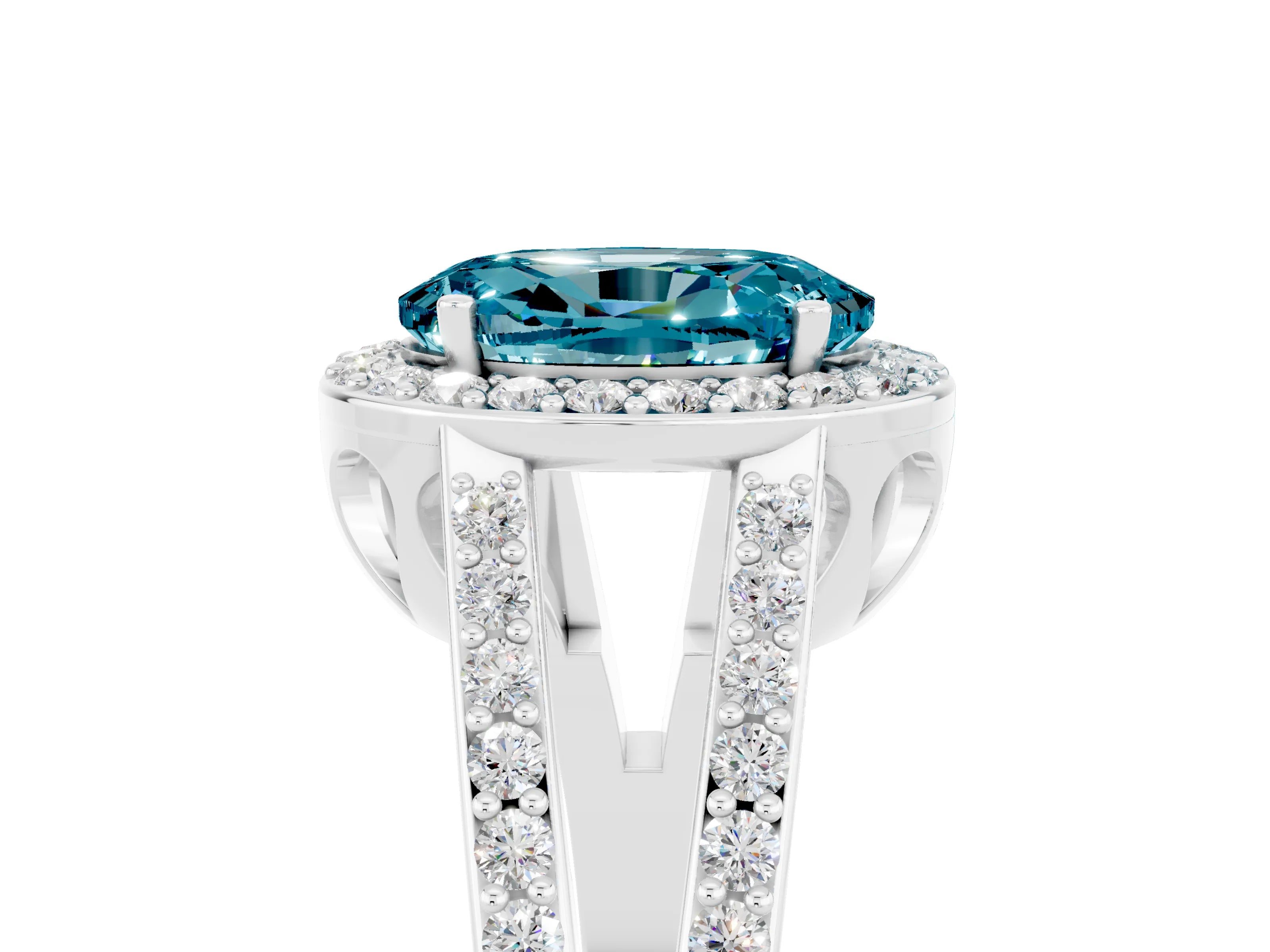 White gold Oval Cut Blue Topaz Halo Ring with Split Shank U-Prong Band and Four-Prong Setting_5