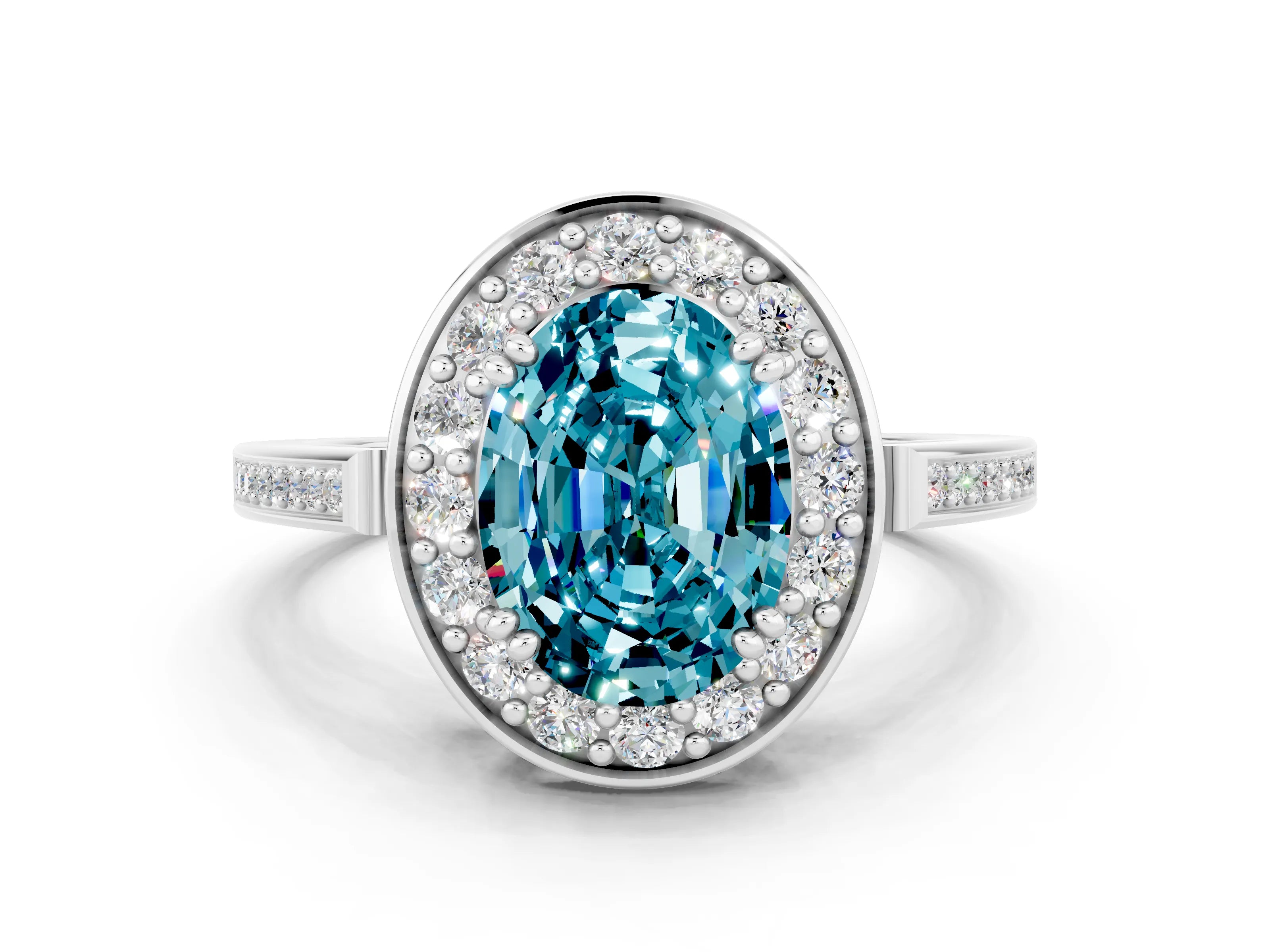 White gold Oval Cut Blue Topaz Halo Ring with Split Shank and Four-Prong Setting