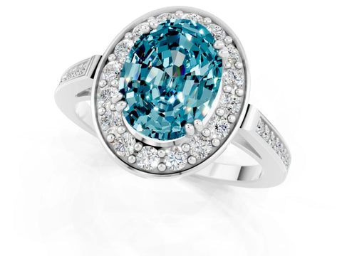 White gold Oval Cut Blue Topaz Halo Ring with Split Shank and Four-Prong Setting_1