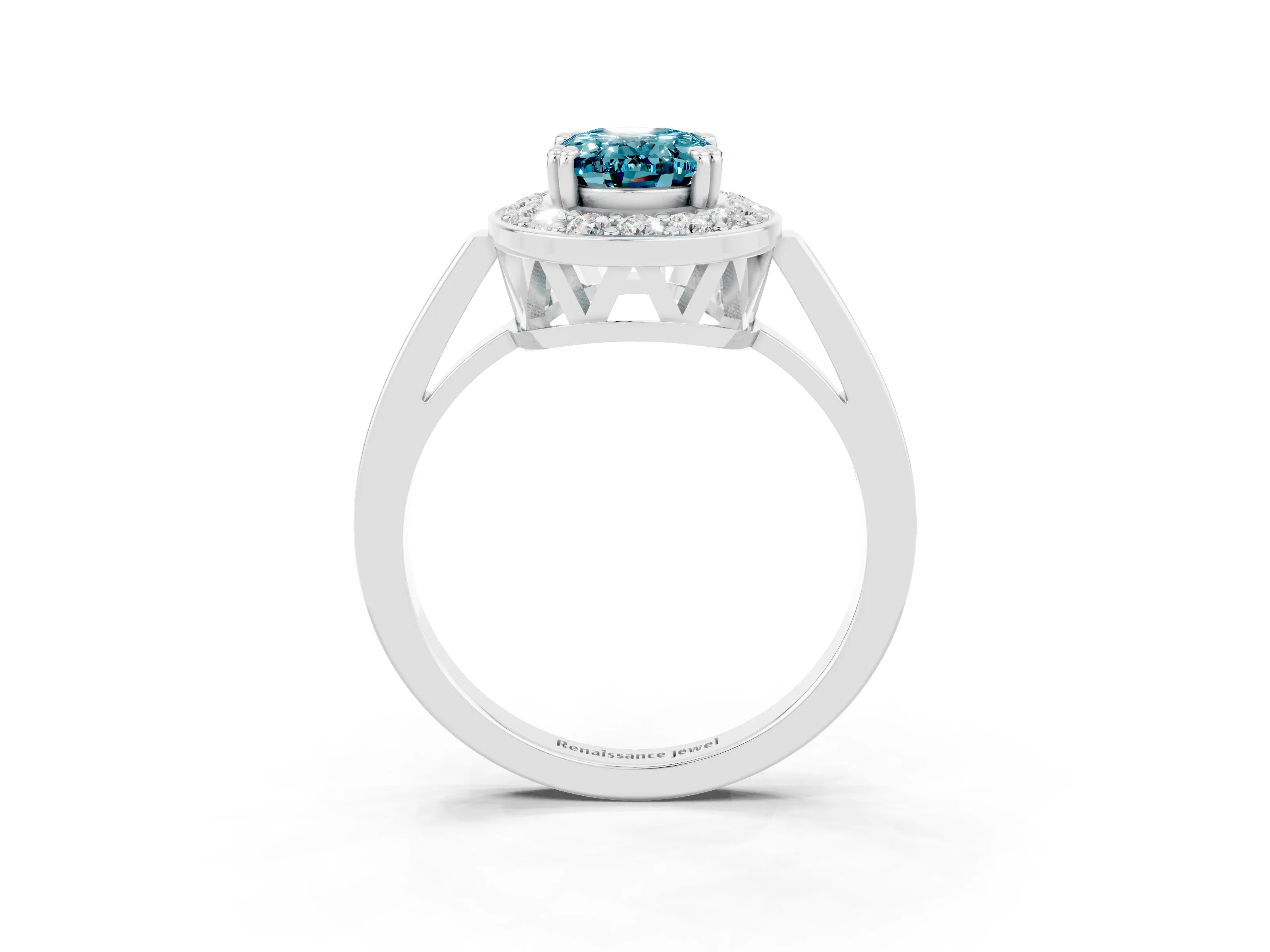 White gold Oval Cut Blue Topaz Halo Ring with Split Shank and Four-Prong Setting_3