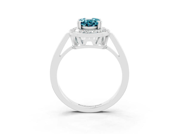 Silver Oval Cut Blue Topaz Halo Ring with Split Shank and Four-Prong Setting