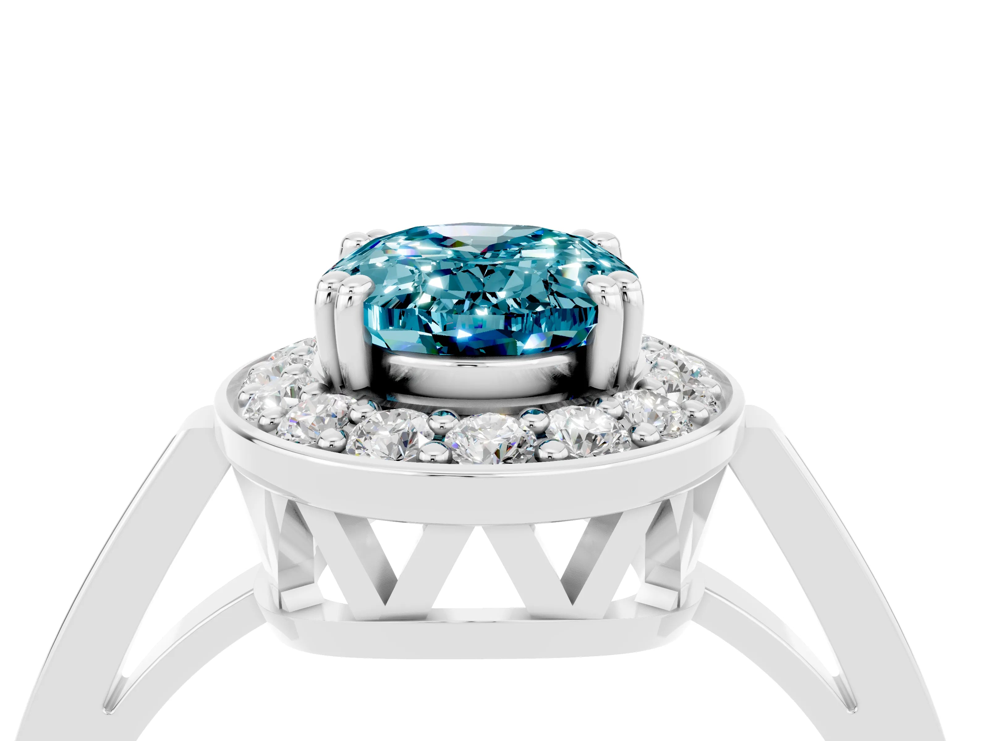 White gold Oval Cut Blue Topaz Halo Ring with Split Shank and Four-Prong Setting_4
