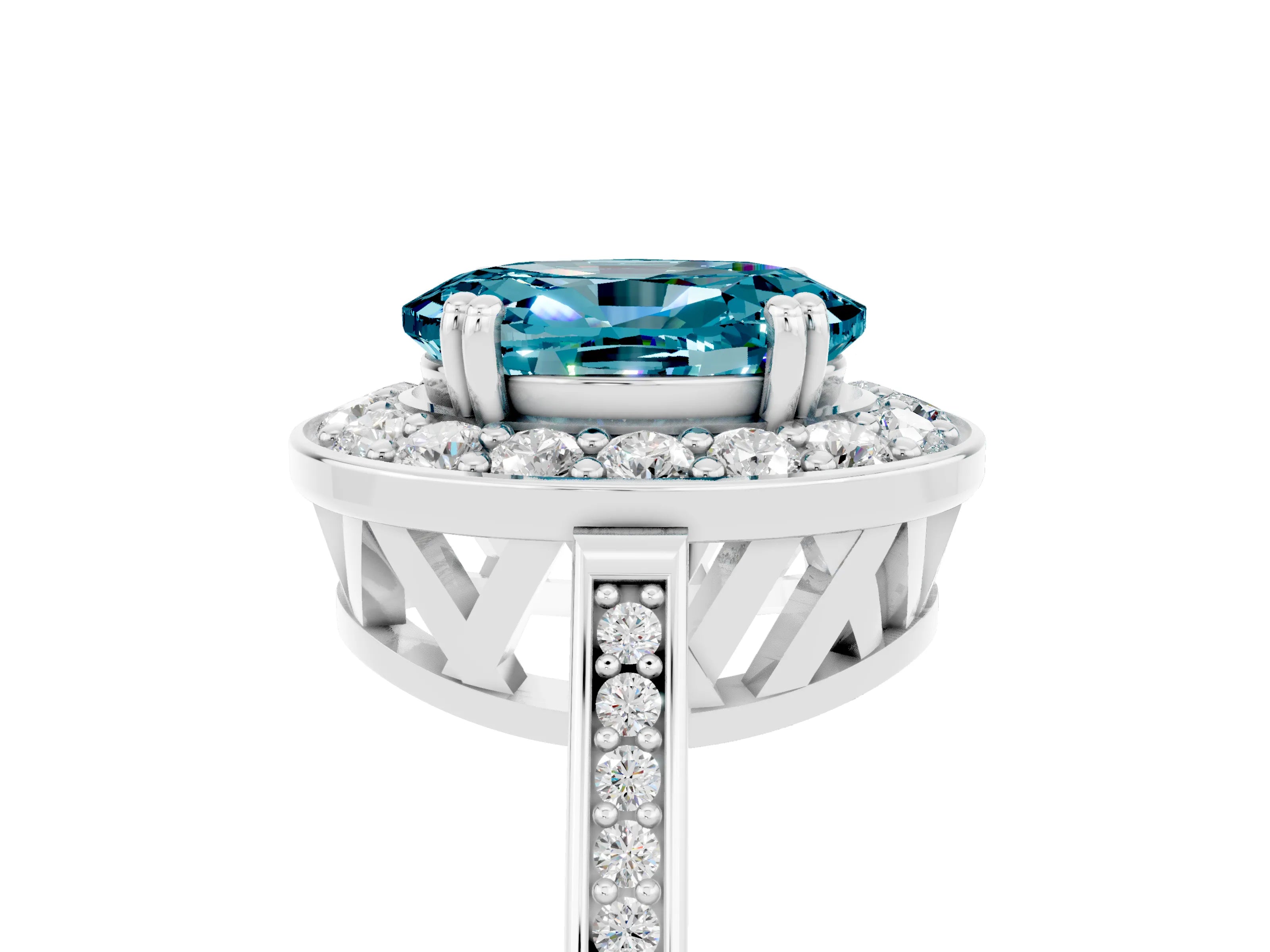 White gold Oval Cut Blue Topaz Halo Ring with Split Shank and Four-Prong Setting_5