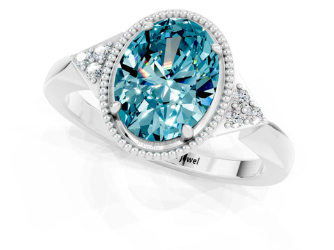 White gold Oval Cut Blue Topaz Halo Ring with Tapered Band and Four-Prong Setting_1