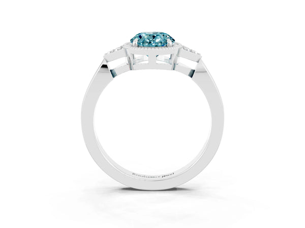Platinum Oval Cut Blue Topaz Halo Ring with Tapered Band and Four-Prong Setting