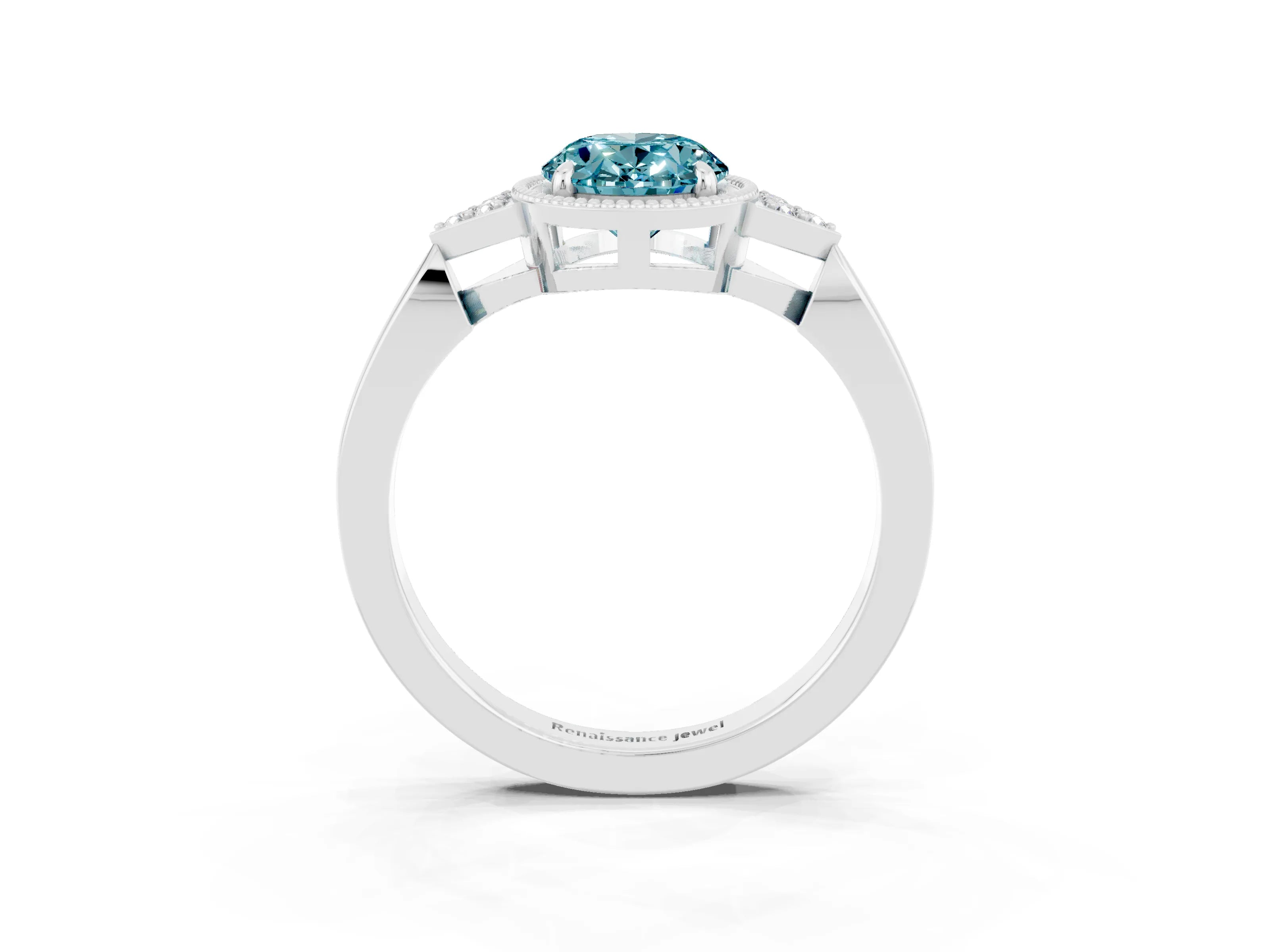 White gold Oval Cut Blue Topaz Halo Ring with Tapered Band and Four-Prong Setting_3