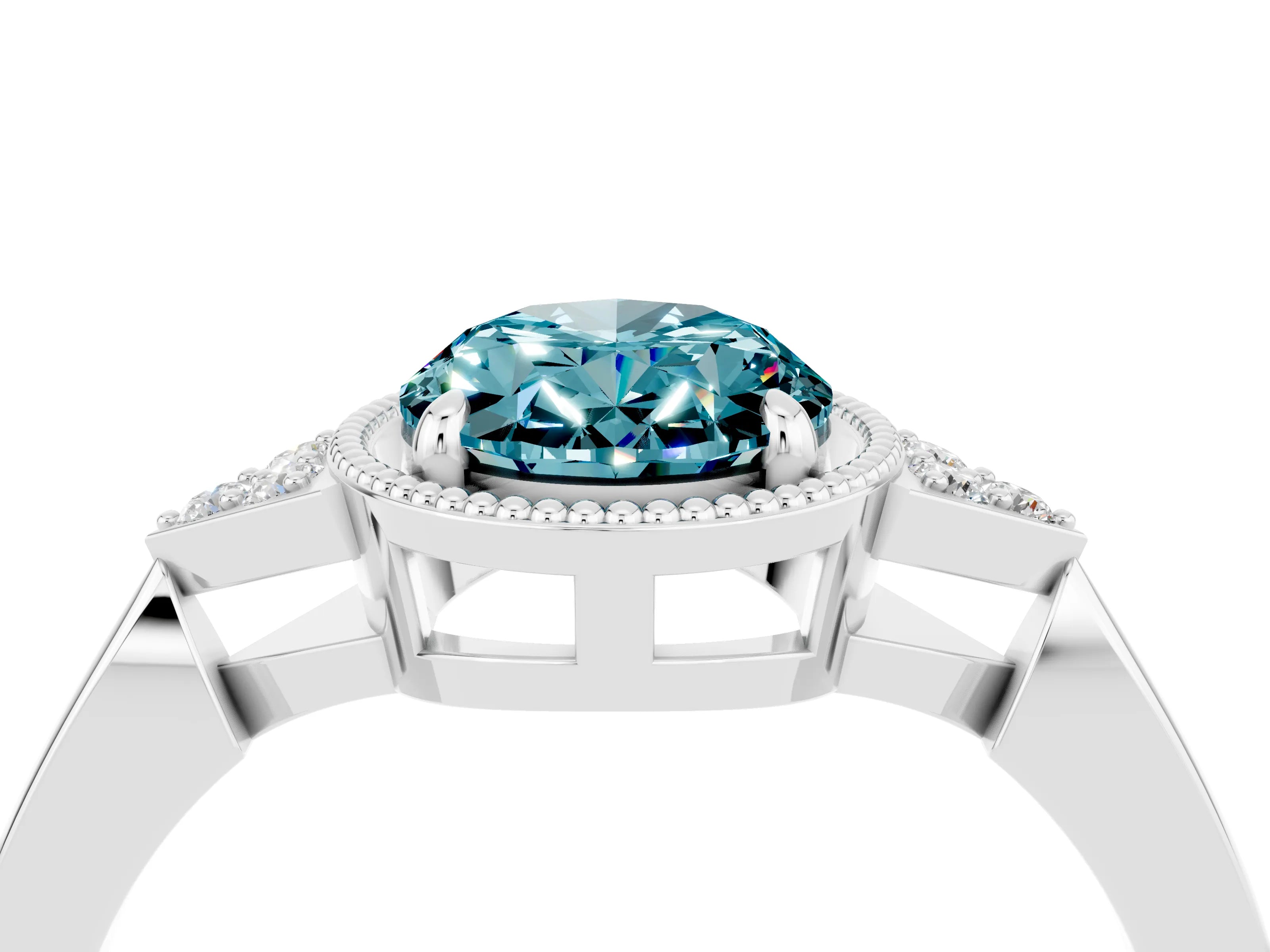 White gold Oval Cut Blue Topaz Halo Ring with Tapered Band and Four-Prong Setting_4