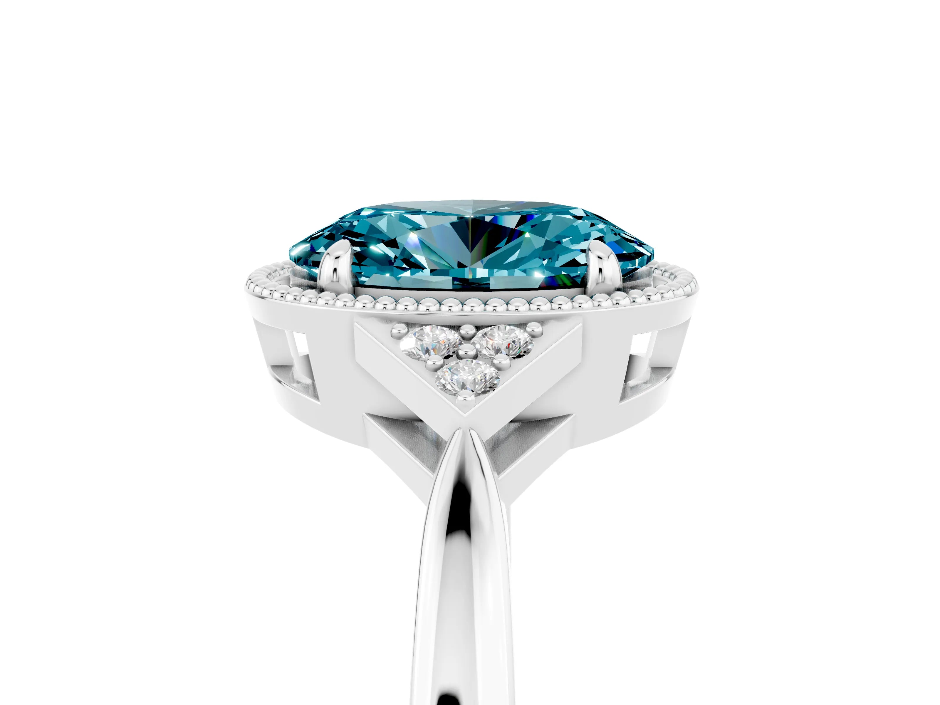 White gold Oval Cut Blue Topaz Halo Ring with Tapered Band and Four-Prong Setting_5