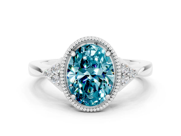 White gold Oval Cut Blue Topaz Halo Ring with Tapered Band and Four-Prong Setting