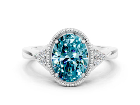 White gold Oval Cut Blue Topaz Halo Ring with Tapered Band and Four-Prong Setting