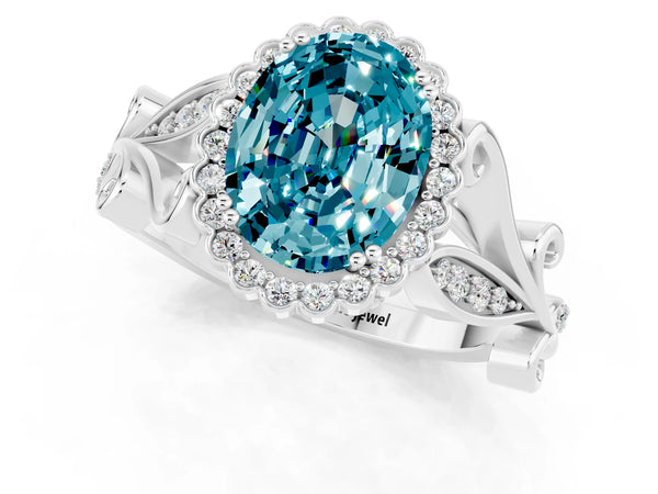 Platinum Oval Cut Blue Topaz Halo Ring with Vintage Split Shank and Four-Prong Setting