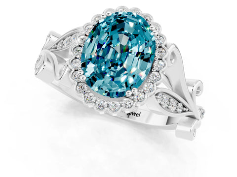 White gold Oval Cut Blue Topaz Halo Ring with Vintage Split Shank and Four-Prong Setting_25