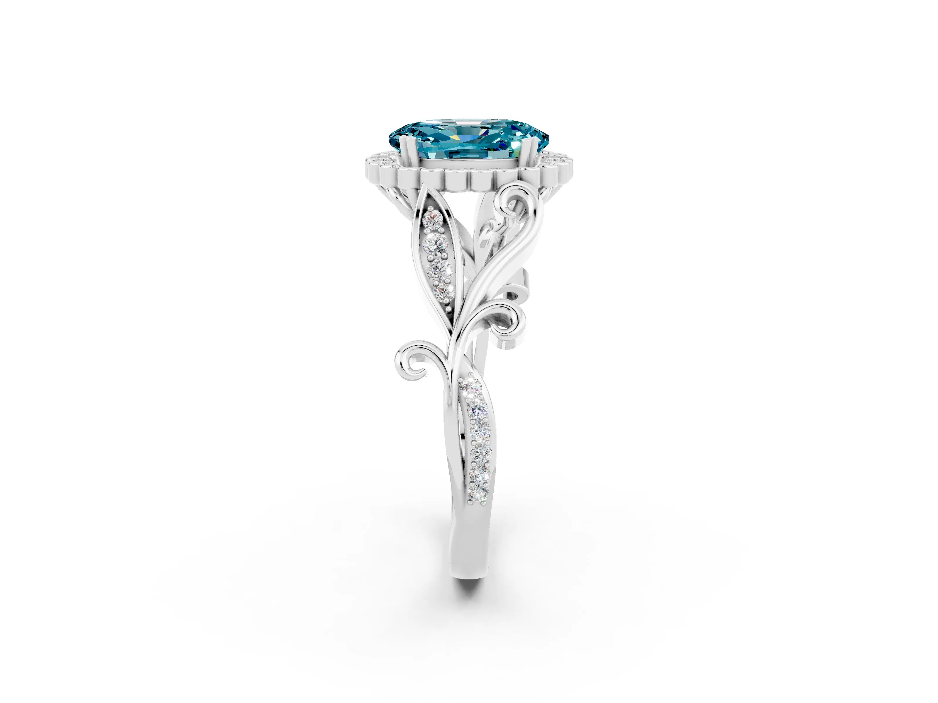 White gold Oval Cut Blue Topaz Halo Ring with Vintage Split Shank and Four-Prong Setting_26