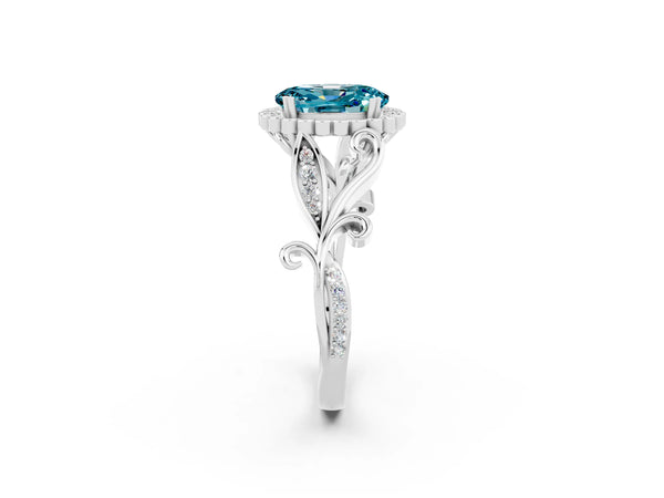 Silver Oval Cut Blue Topaz Halo Ring with Vintage Split Shank and Four-Prong Setting