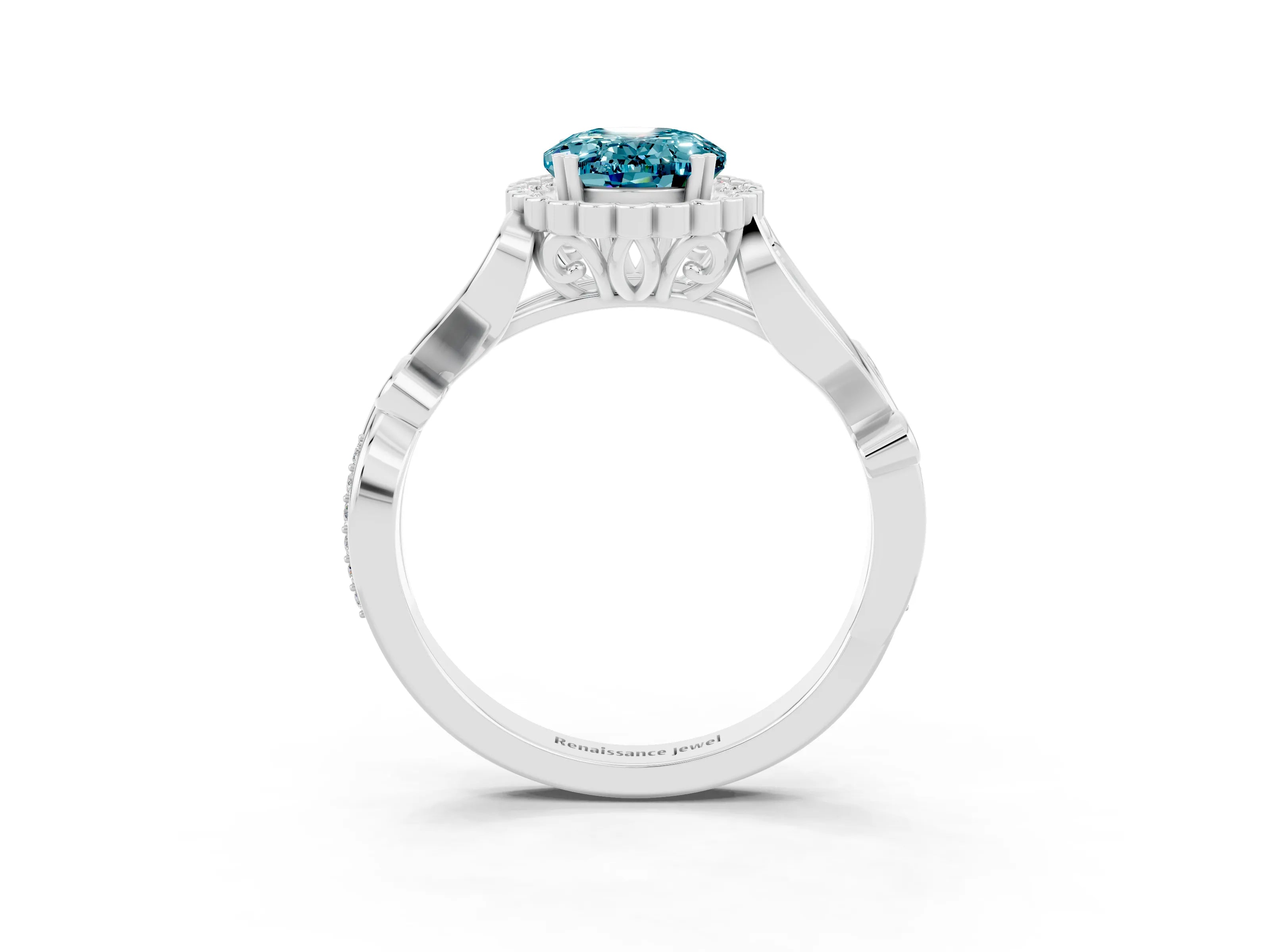 White gold Oval Cut Blue Topaz Halo Ring with Vintage Split Shank and Four-Prong Setting_27